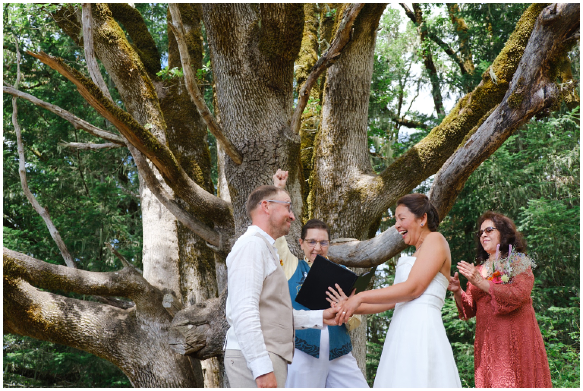 Bride and groom getting married under an ancient oak tree at Fitton Green, Corvallis